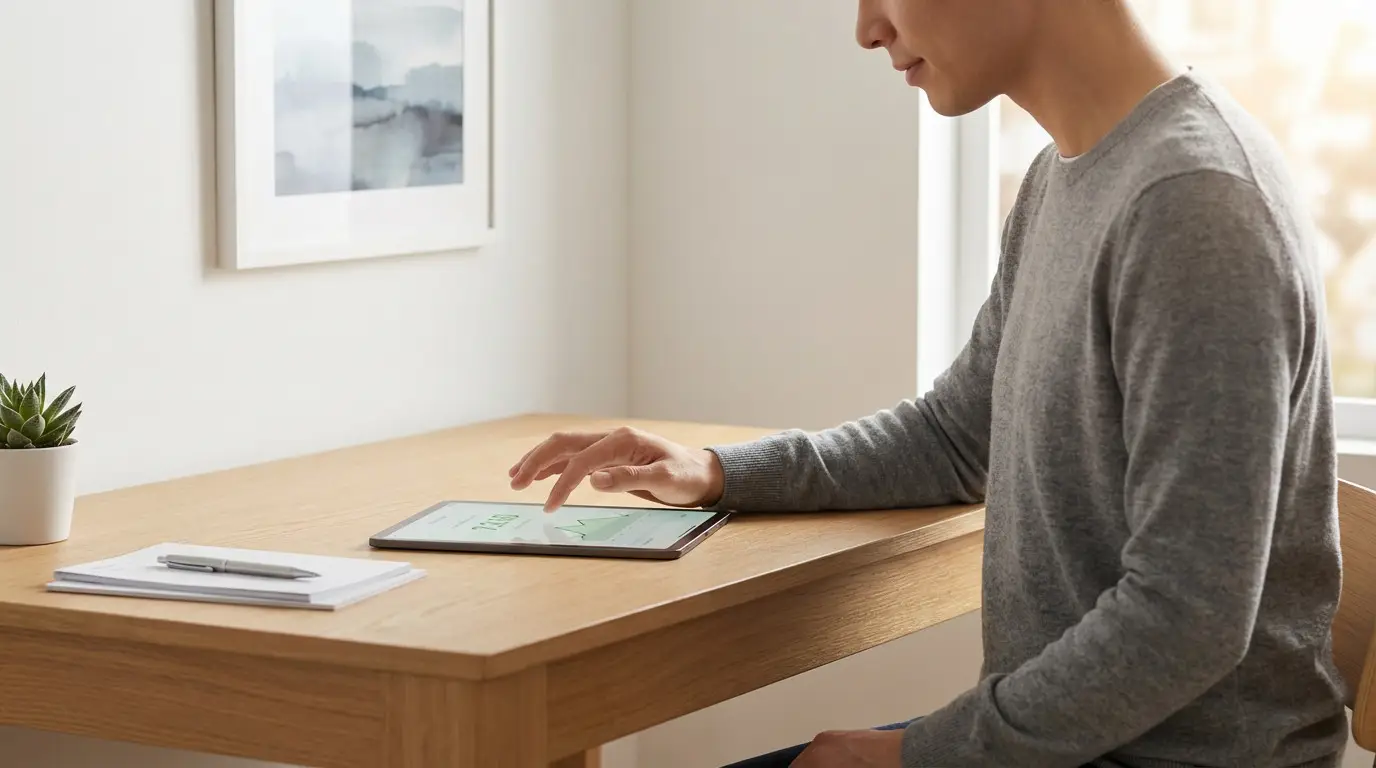 A person calmly uses a tablet showing a financial debt dashboard in a minimalist home office. Desk has documents, pen, and plant.
