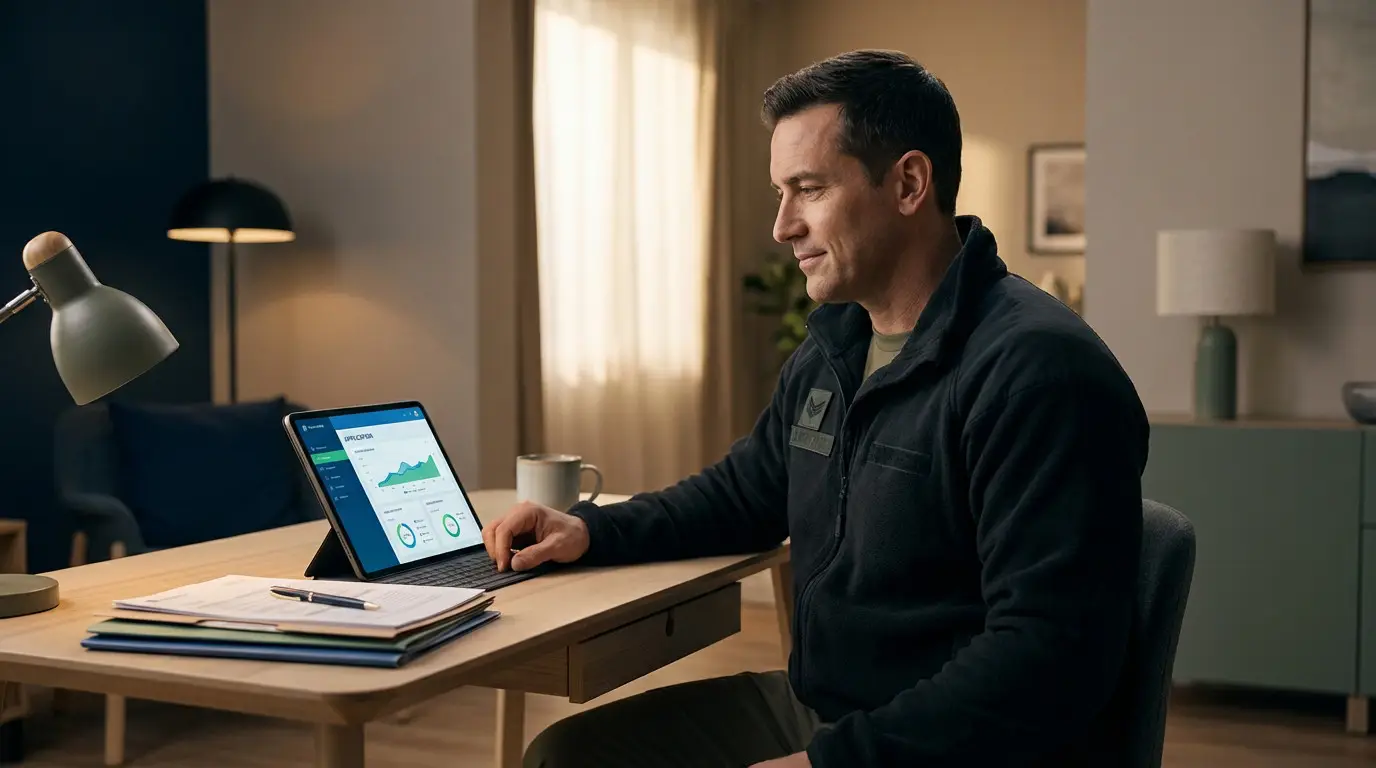 Veteran reviews financial application on tablet at a modern desk in a well-lit home office, showing calm and control.