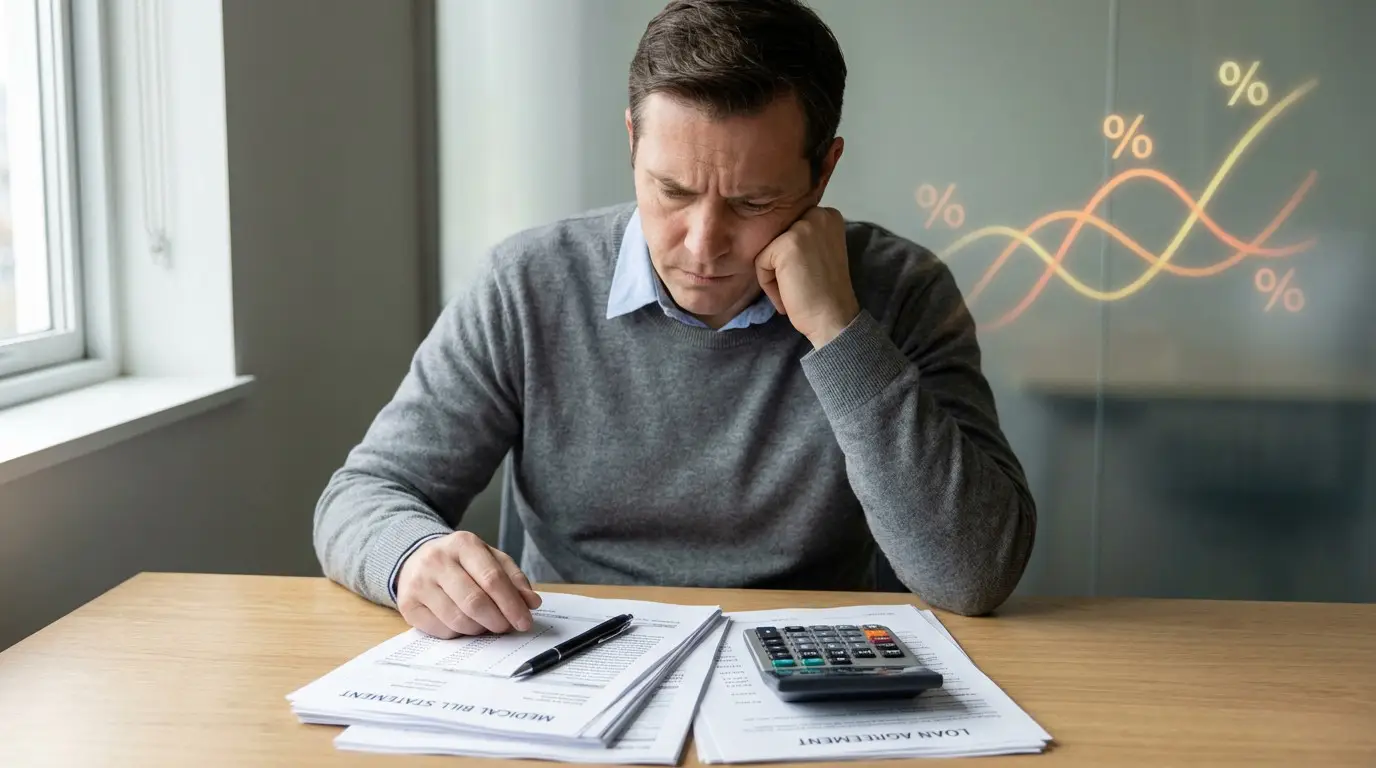 Concerned man, 30s-40s, reviews medical bills & loan agreements on a wooden desk with a calculator. Abstract rising percentages in background.