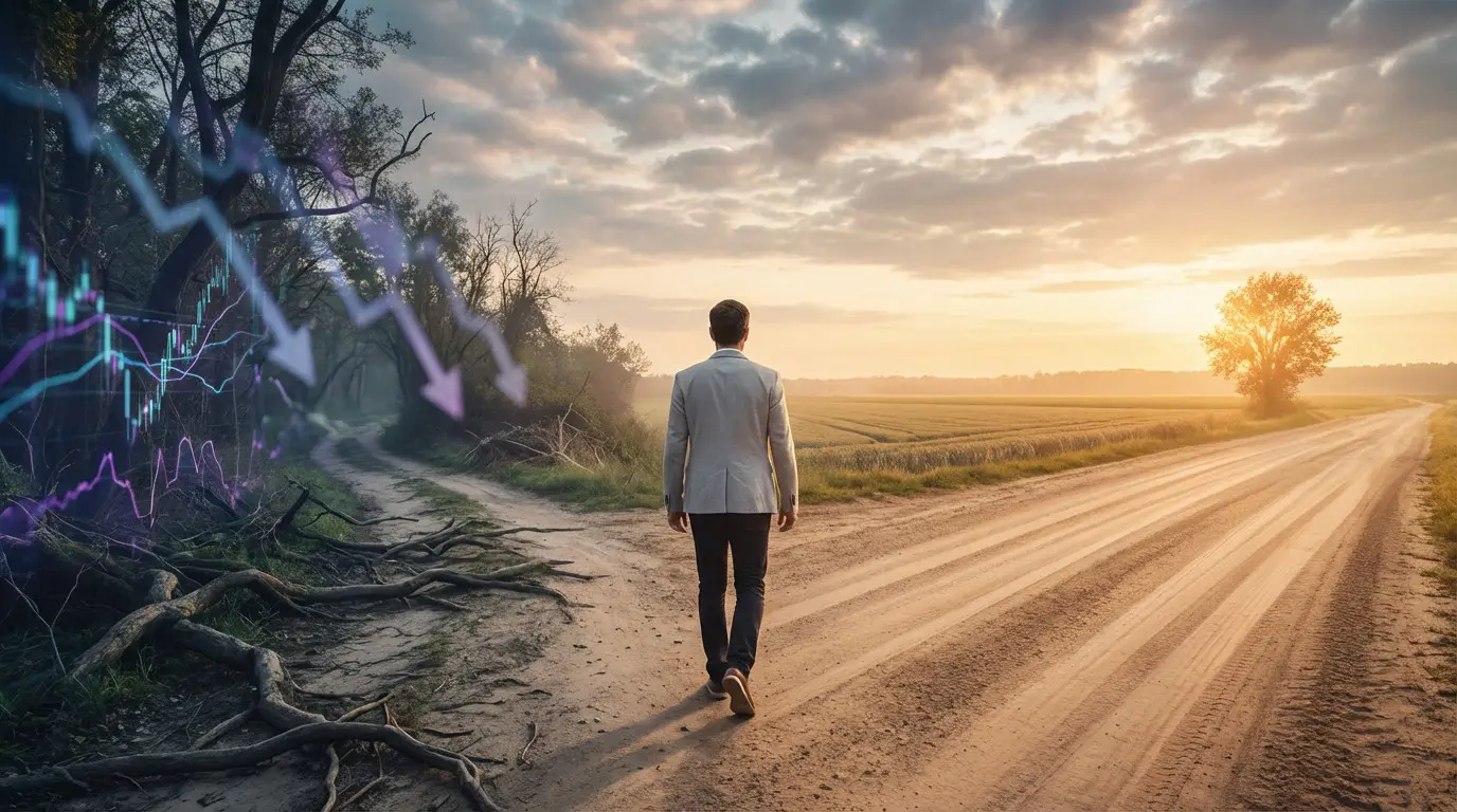 A man in a grey jacket at a crossroads. Left is a dark path with financial graphs, right is a bright, stable path.
