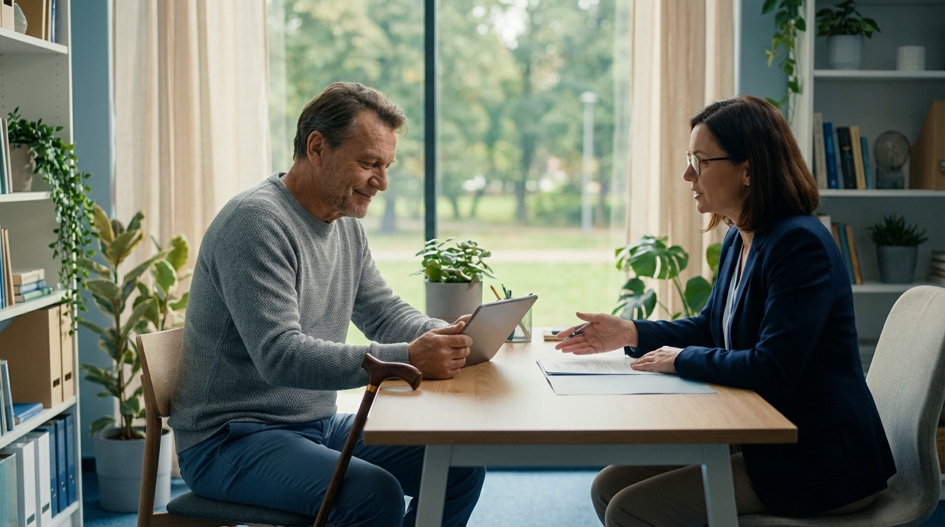 A veteran, with a cane, smiles at a tablet during a calm discussion with an advisor in a bright, modern office, conveying hope.